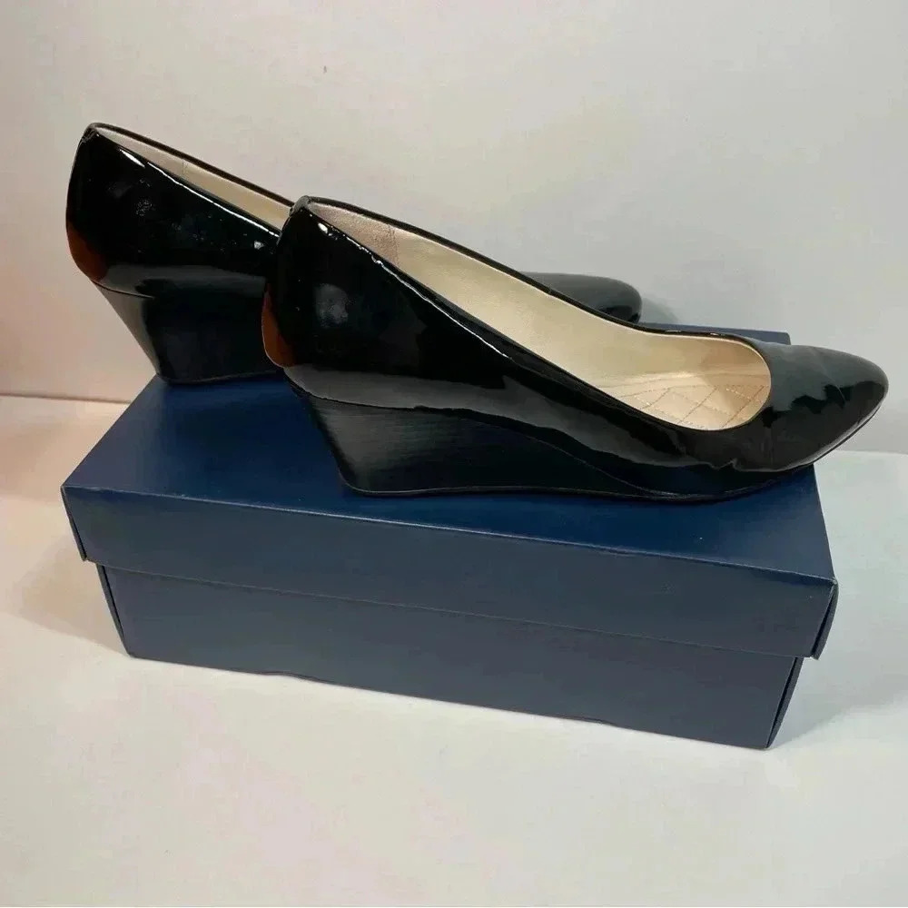 Cole Haan Tali Luxe Stacked Wedge Black Patent Leather Slip On Shoes Womens 7B - Picture 3 of 9